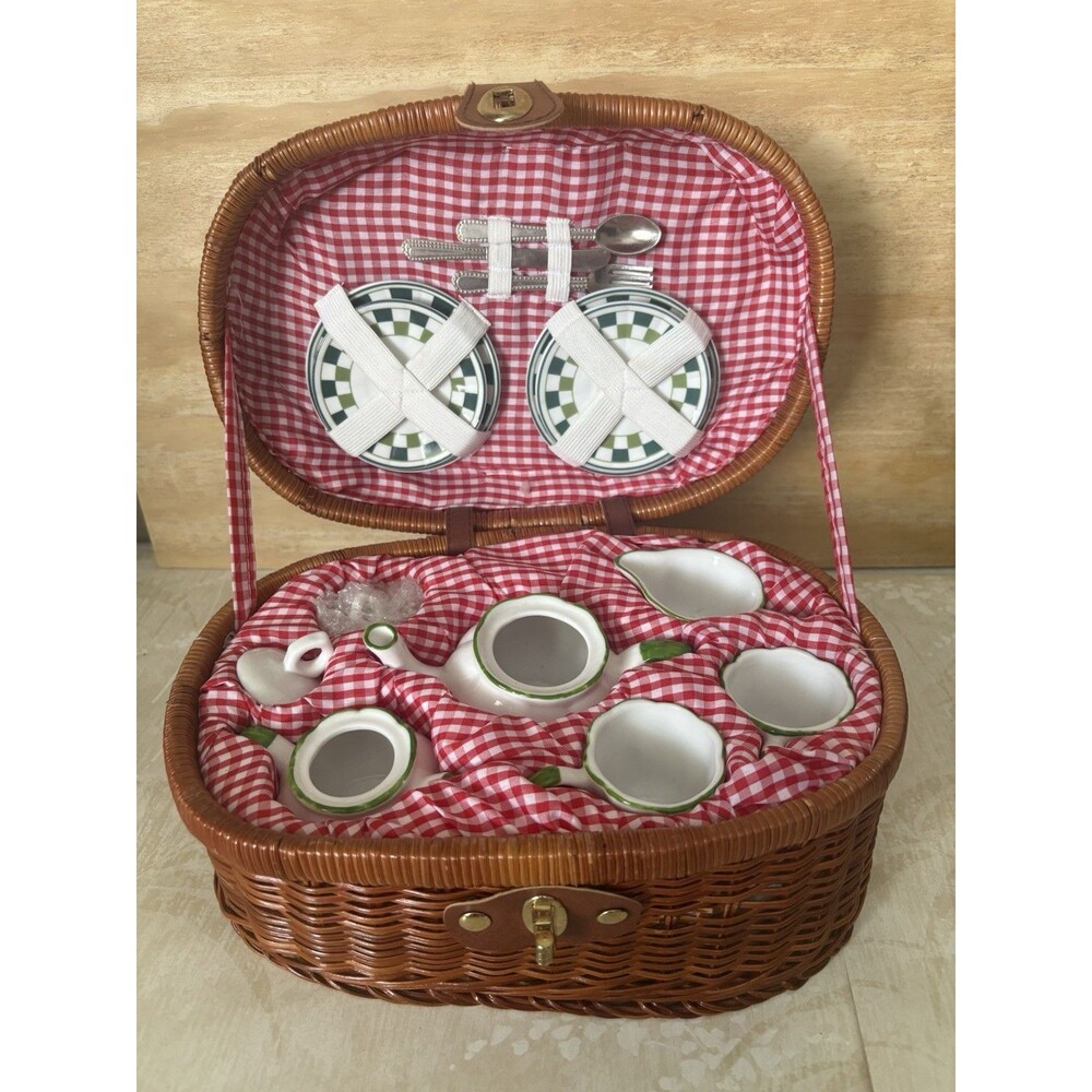 Delton Pretend Play Tea Set Apple Design in Picnic Basket